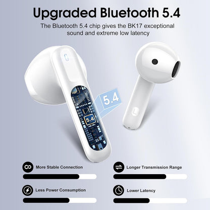 Wireless Earbuds, Bluetooth 5.4 Headphones with 3D Bass Stereo, Bluetooth Earbuds with 4 ENC Noise Cancelling Mic, 40H Ultralight In-Ear Buds USB-C LED, IP7 Waterproof Earphones