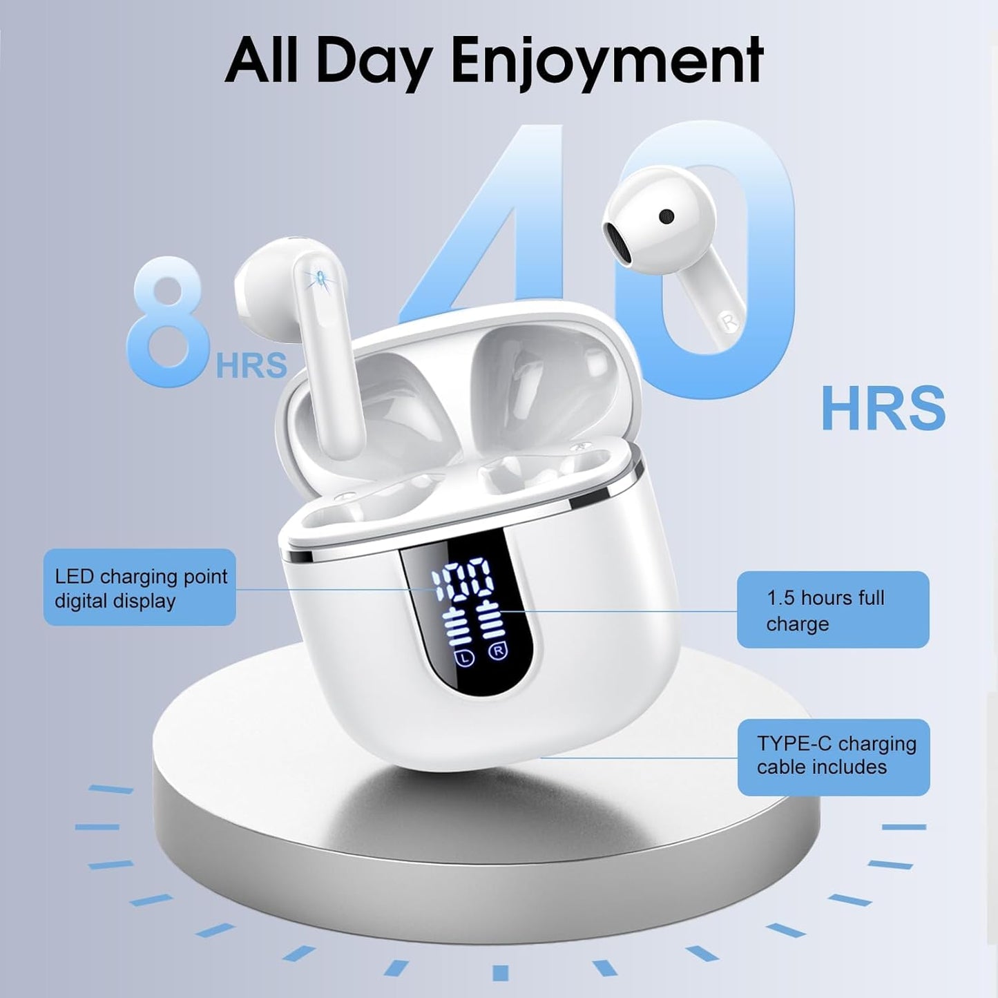 Wireless Earbuds, Bluetooth 5.4 Headphones with 3D Bass Stereo, Bluetooth Earbuds with 4 ENC Noise Cancelling Mic, 40H Ultralight In-Ear Buds USB-C LED, IP7 Waterproof Earphones