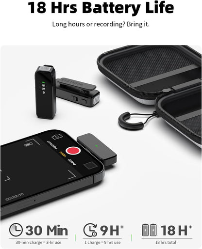 Wireless Lavalier Microphone for iPhone 14/13/12 with Noise Cancellation, 100ft Transmission, 18H Battery Life, Lightning Lapel Microphone Wireless for Video Recording, Vlog, Streaming