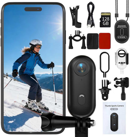 4K Thumb Action Camera | 128G Sports Camera for POV Photoshooting: Waterproof Sports Camera The Size of a Thumb Suitable for Running Cycling Swimming Hiking Adventure Etc (Black)