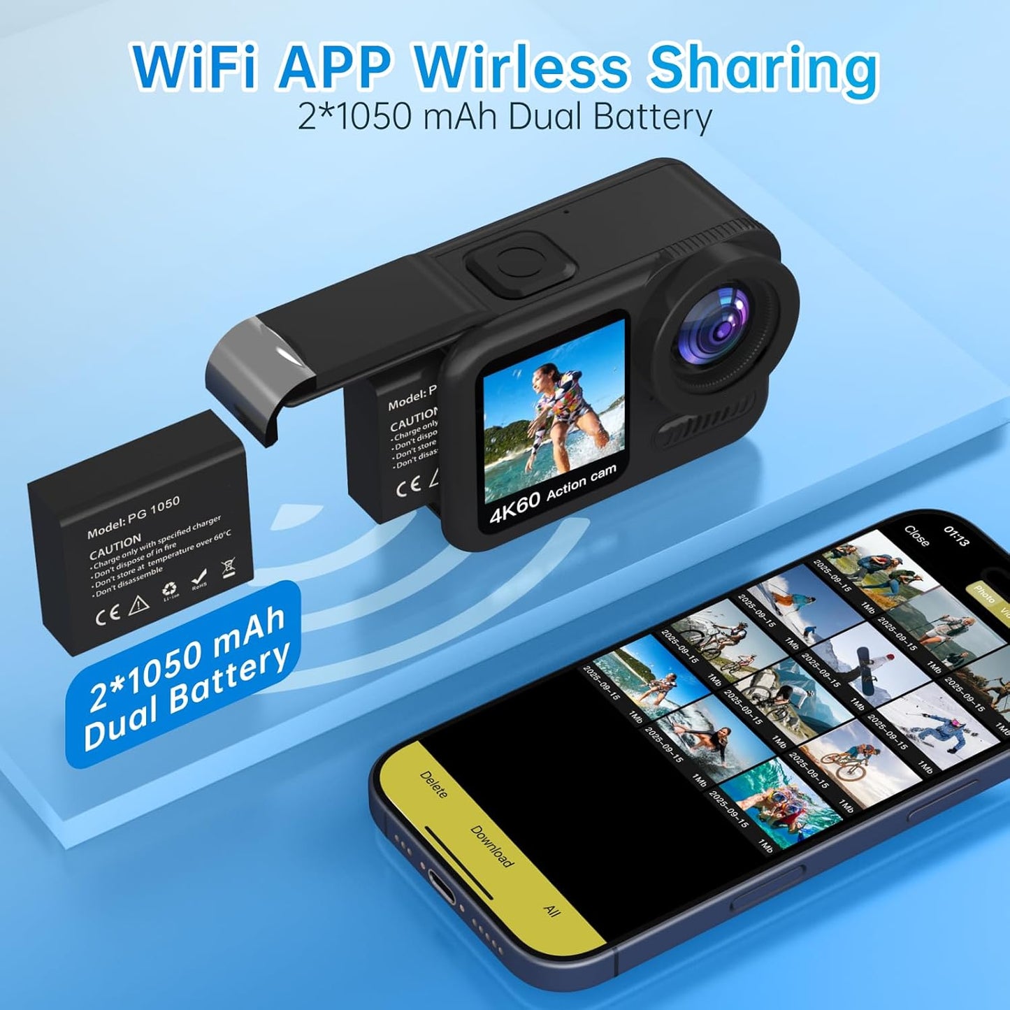 4K 60FPS Waterproof Action Camera,Bare Metal 66FT Underwater Camera,2" Touch Dual Screen Sports 6-Axis Stabilization,2 Batteries Internal Microphone Vlog Camera for Diving Cycling Outdoor