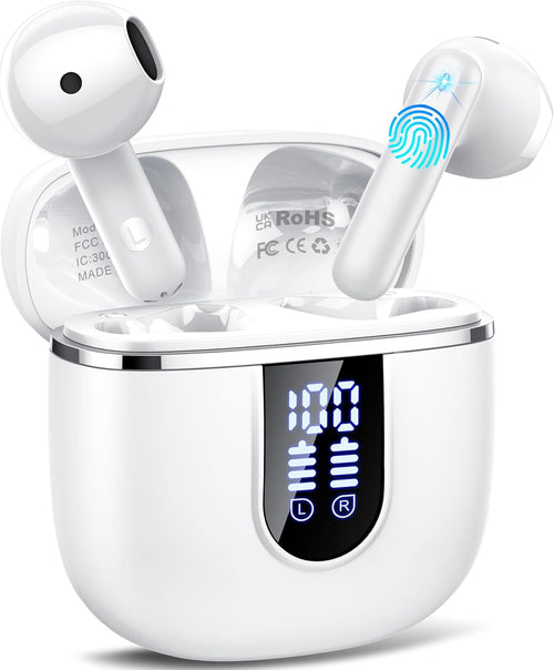 Wireless Earbuds, Bluetooth 5.4 Headphones with 3D Bass Stereo, Bluetooth Earbuds with 4 ENC Noise Cancelling Mic, 40H Ultralight In-Ear Buds USB-C LED, IP7 Waterproof Earphones