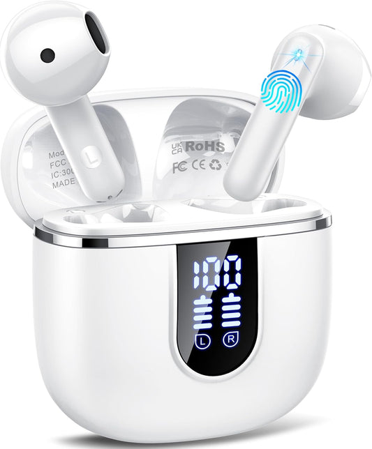 Wireless Earbuds, Bluetooth 5.4 Headphones with 3D Bass Stereo, Bluetooth Earbuds with 4 ENC Noise Cancelling Mic, 40H Ultralight In-Ear Buds USB-C LED, IP7 Waterproof Earphones