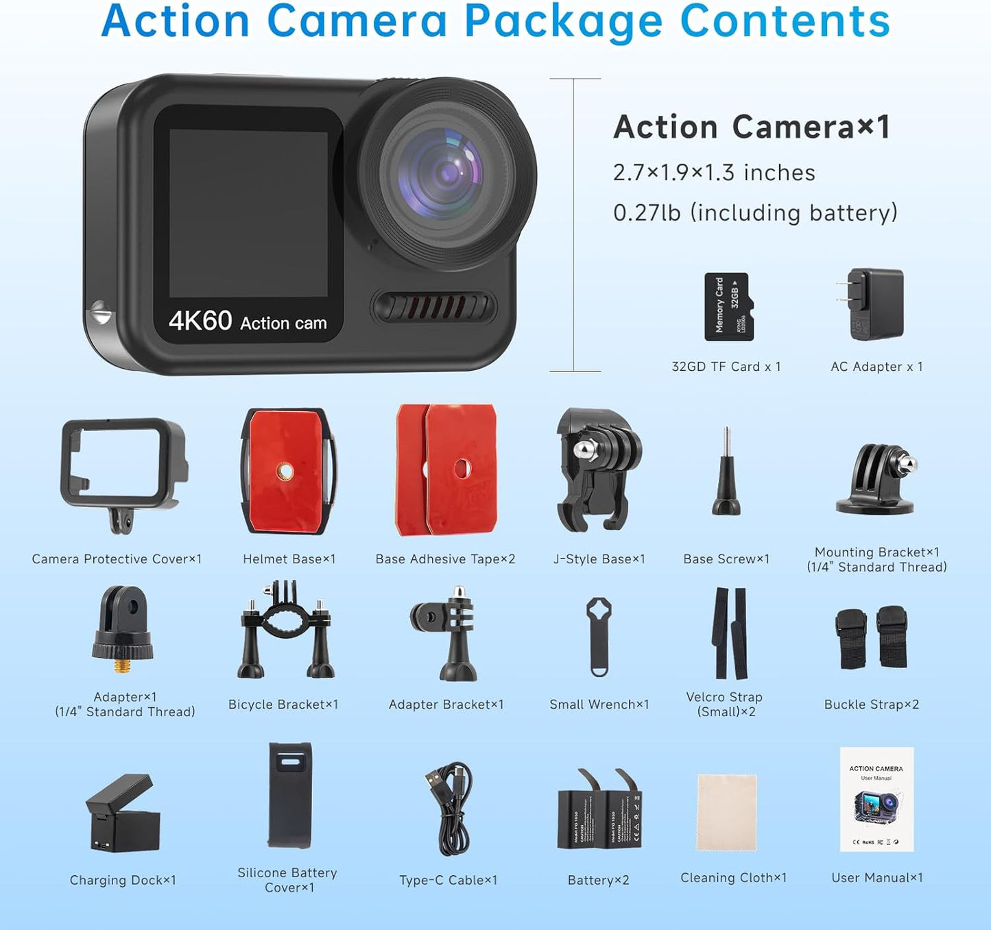 4K 60FPS Waterproof Action Camera,Bare Metal 66FT Underwater Camera,2" Touch Dual Screen Sports 6-Axis Stabilization,2 Batteries Internal Microphone Vlog Camera for Diving Cycling Outdoor