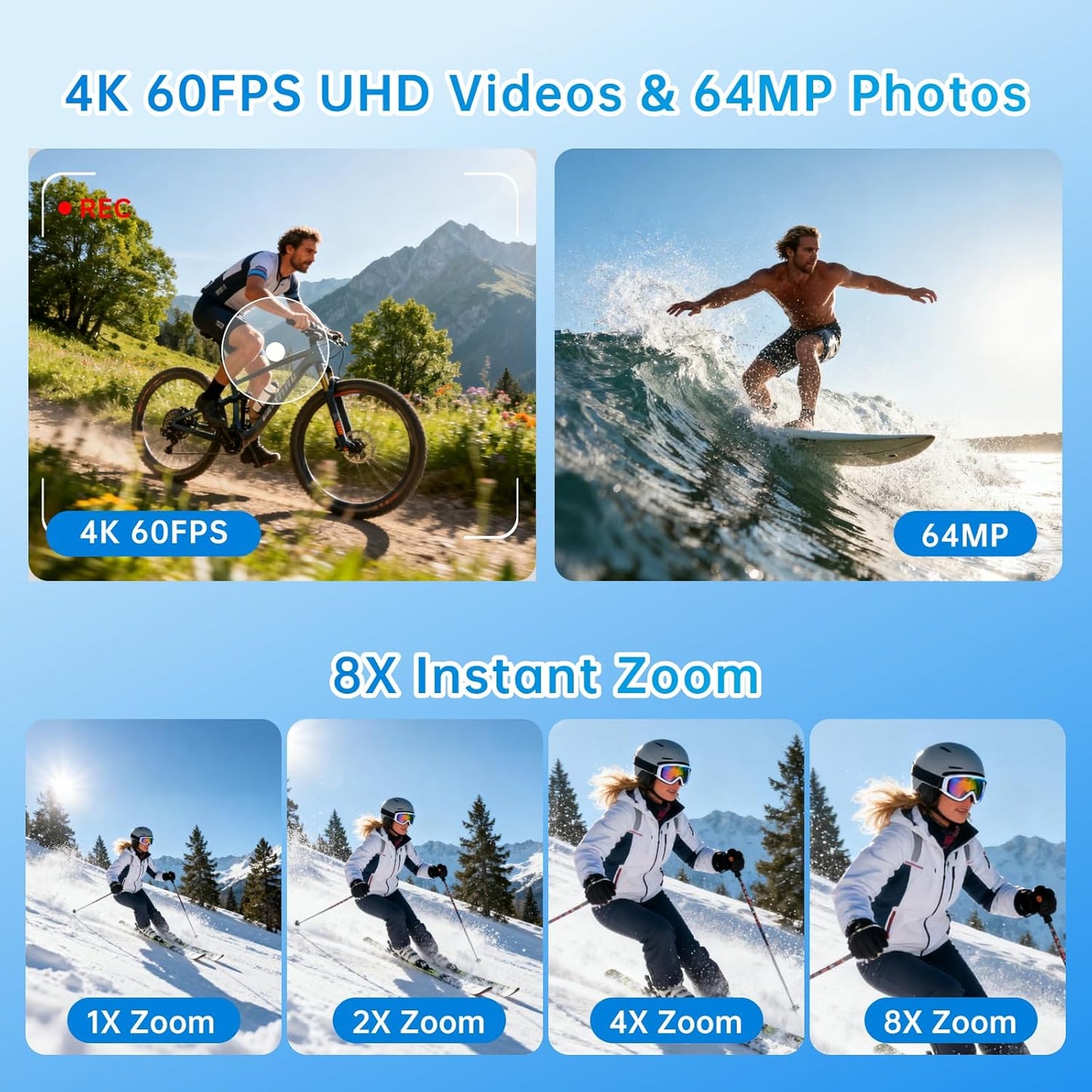 4K 60FPS Waterproof Action Camera,Bare Metal 66FT Underwater Camera,2" Touch Dual Screen Sports 6-Axis Stabilization,2 Batteries Internal Microphone Vlog Camera for Diving Cycling Outdoor